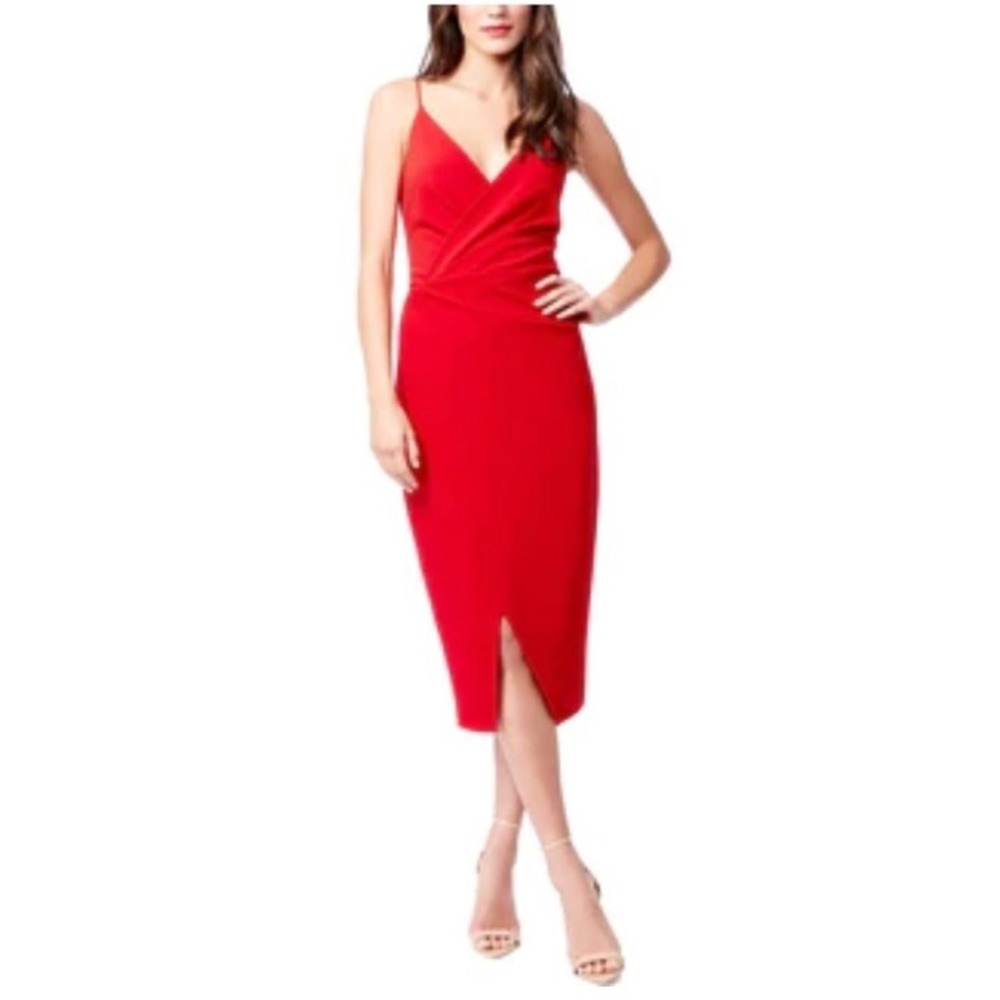 NWT Betsey Johnson Moc Wrap Front Slit Spaghetti Strap V-Neck Midi Dress 8 M Red